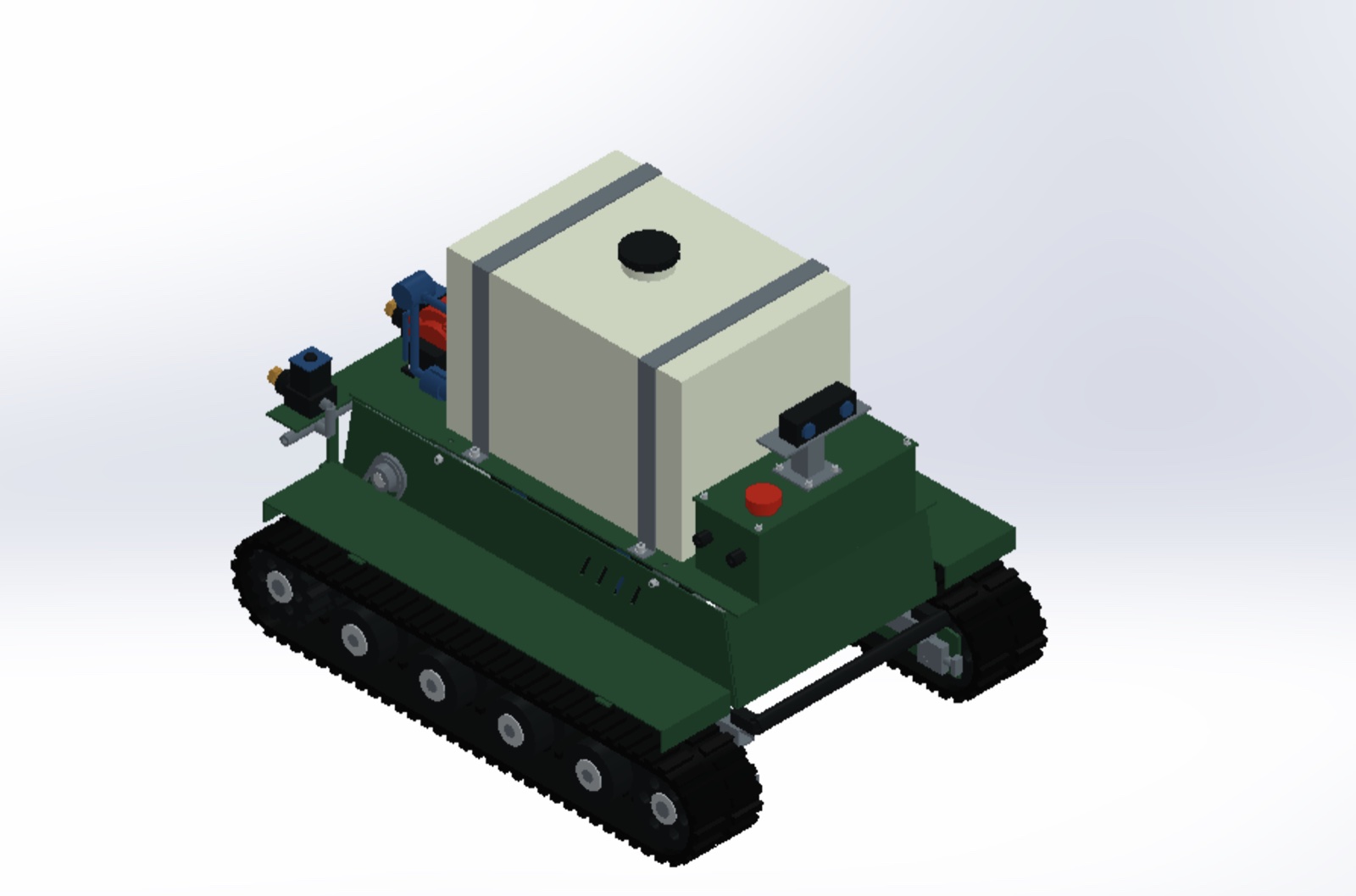 CropSCOUT V2 CAD render — tracked undercarriage with spray tank