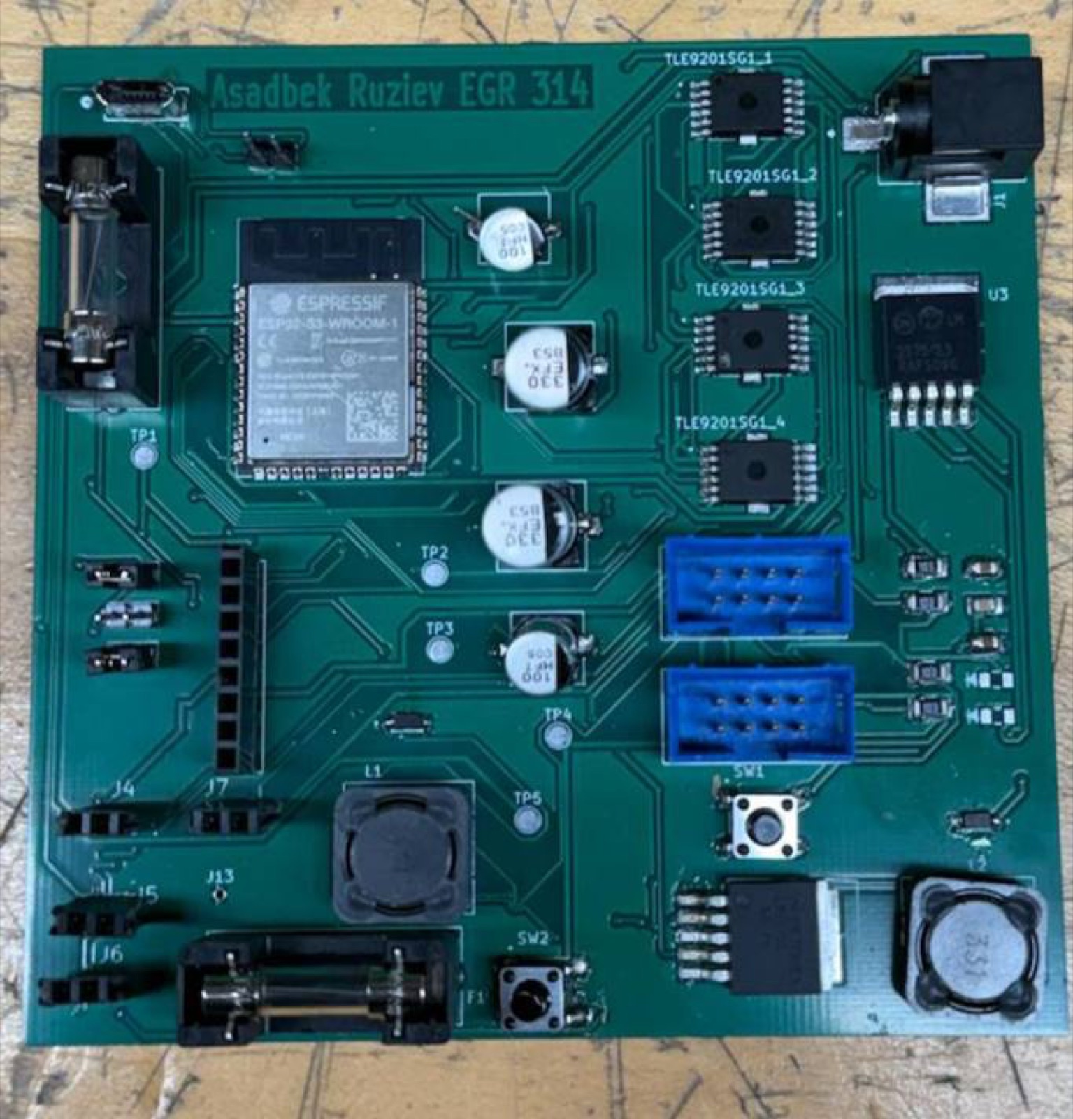CropSCOUT motor-driver PCB, assembled: ESP32-S3-WROOM-1 and four TLE9201SG H-bridges